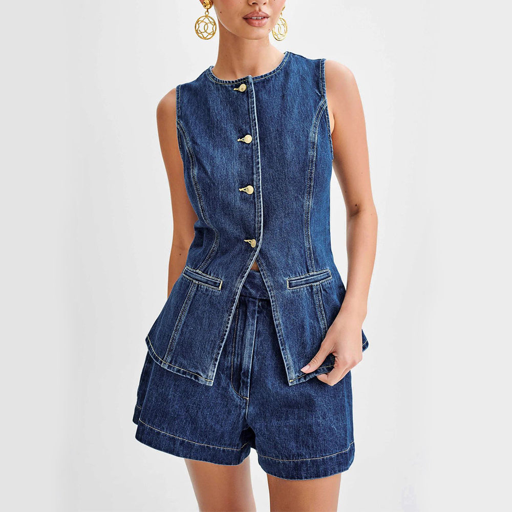 Fashion Denim Suit Summer Casual Sleeveless Button Vest Top And High Waist Shorts Set For Womens Clothing